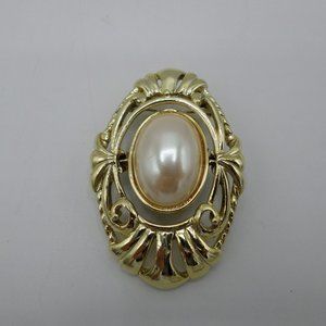 Large Oval Brooch Pin With RGold Toneeversible Center Faux Pearl
